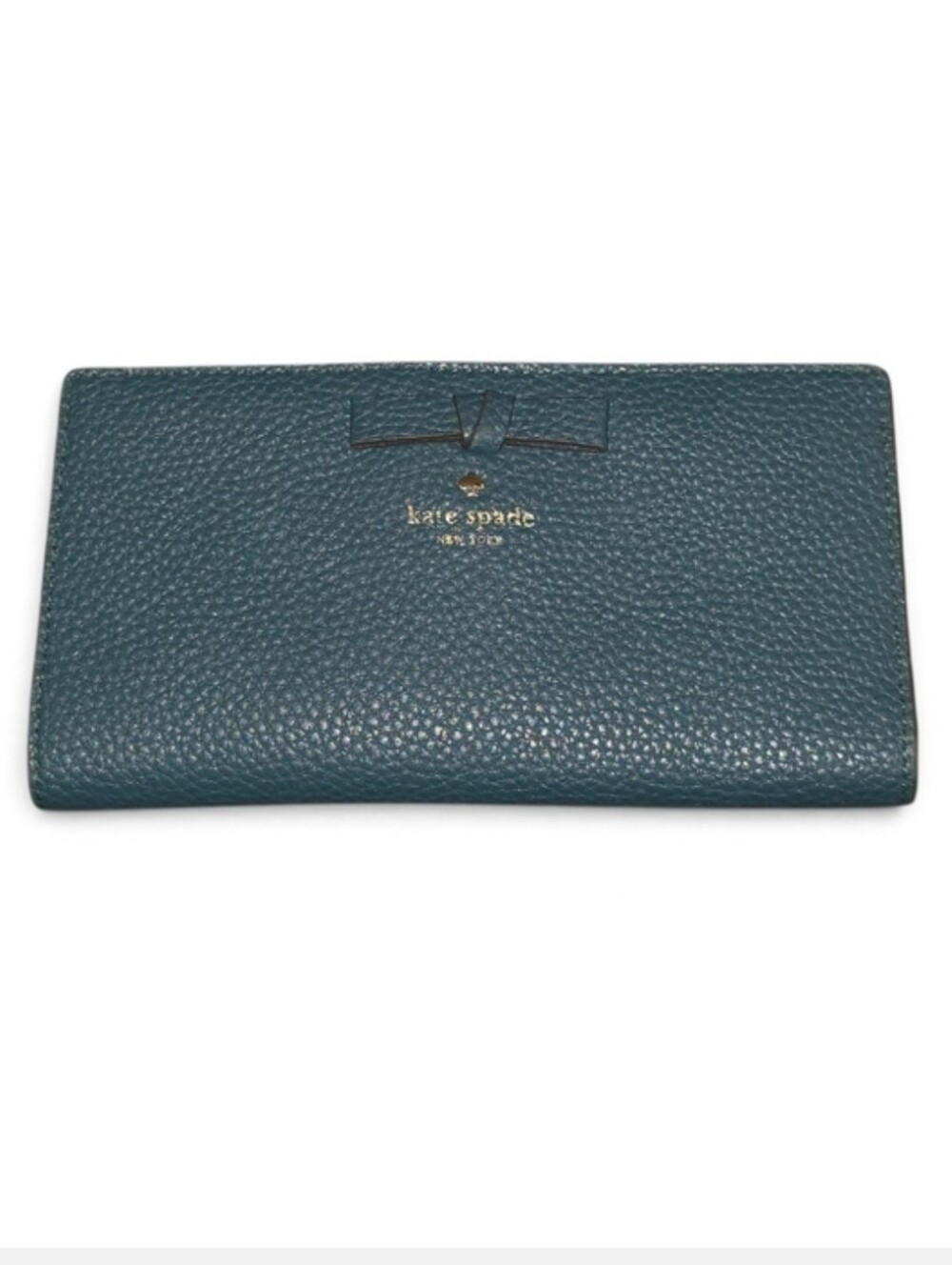 Kate Spade Dark Teal Pebbled Leather Slim Continental Wallet w/ Bow EUC